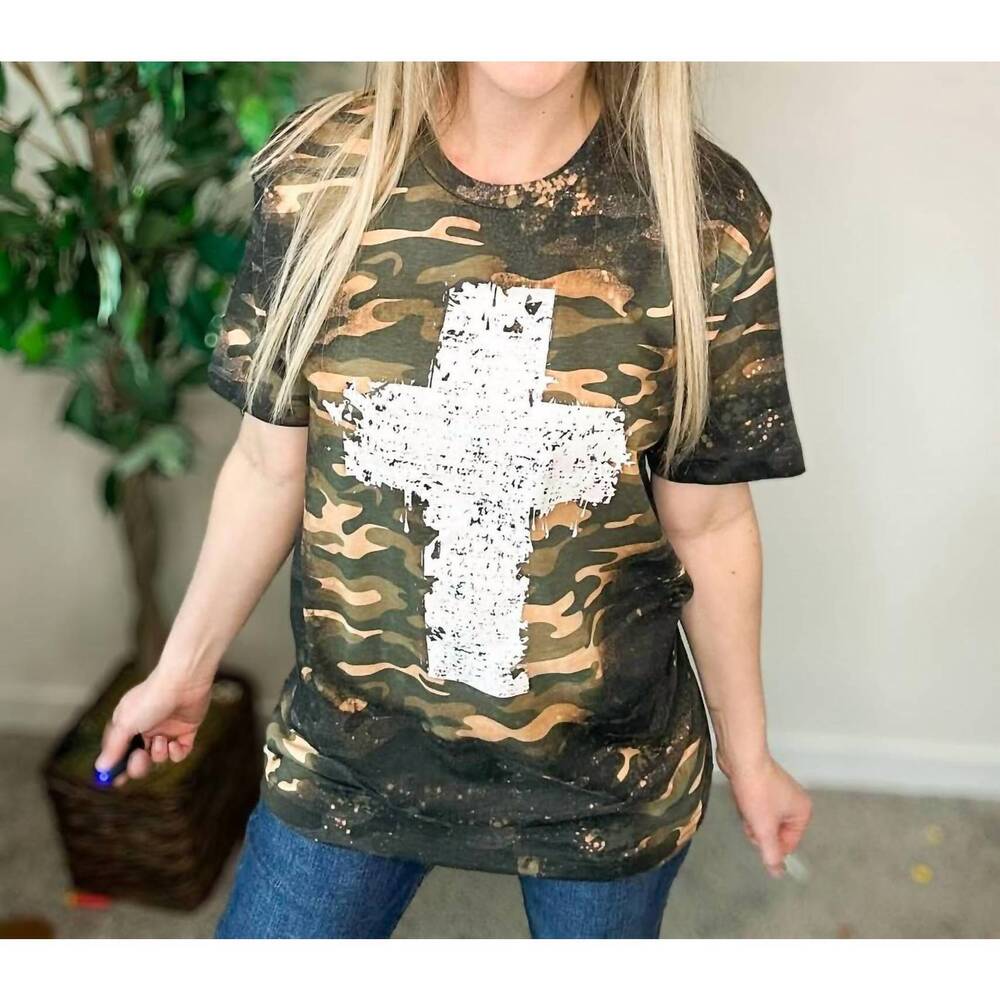 NEW SOUTHERN ATTITUDE bleached grunge cross graphic tee in camo